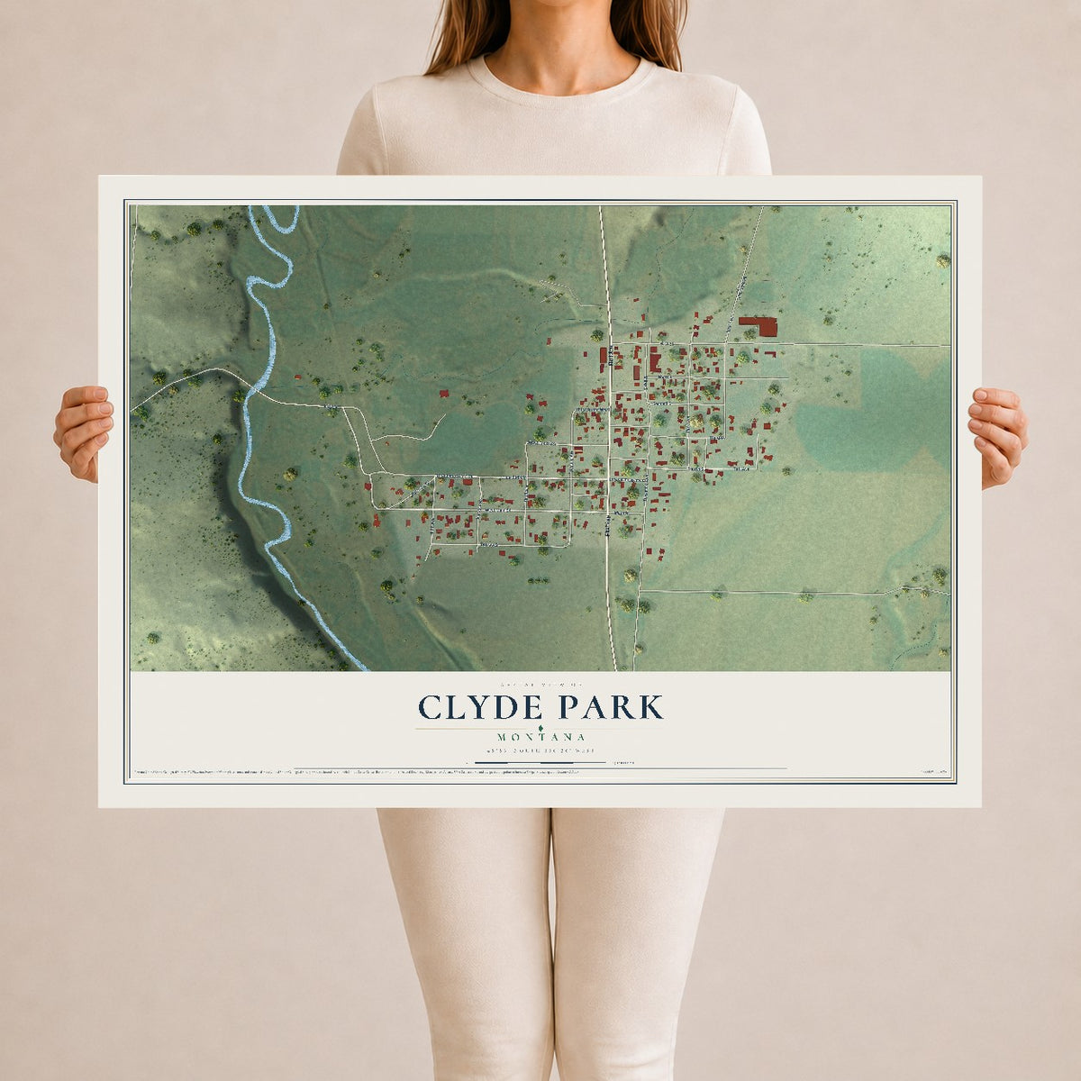 Map of Clyde Park, Montana, 24 x 36 inch unframed archival matte print