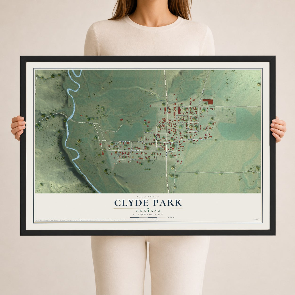 Map of Clyde Park, Montana, 24 x 36 inch print in a black wood frame