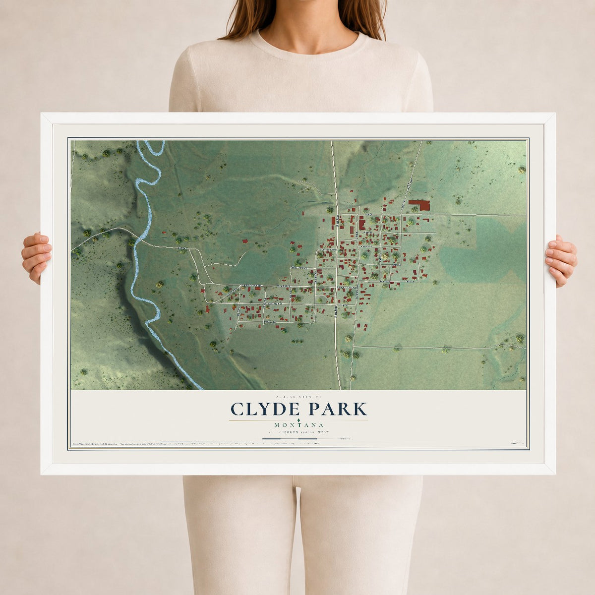 Map of Clyde Park, Montana, 24 x 36 inch print in a white wood frame