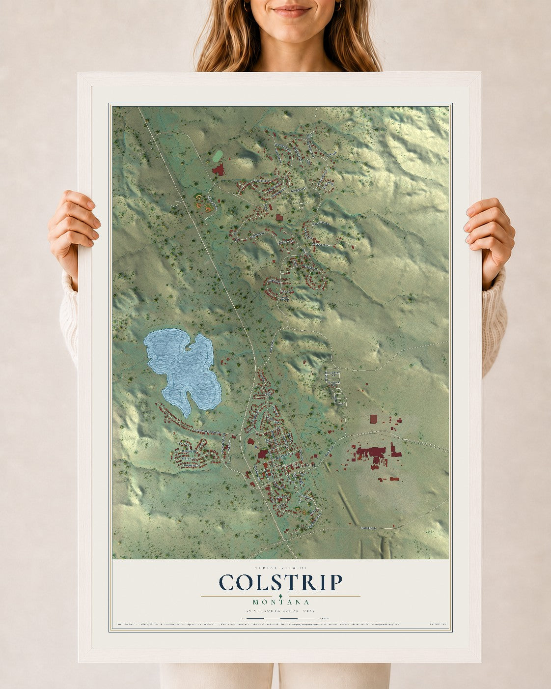 Map of Colstrip, Montana, 24 x 36 inch print in a white wood frame
