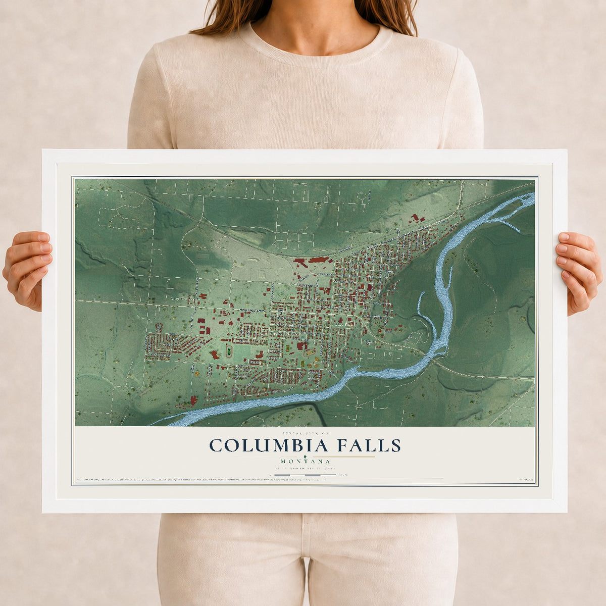 Map of Columbia Falls, Montana, 12 x 18 inch print in a white wood frame