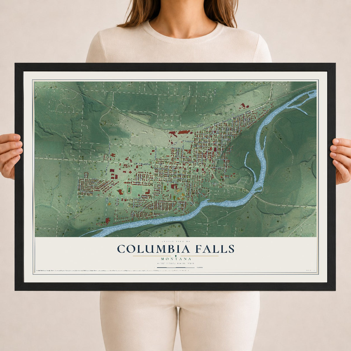 Map of Columbia Falls, Montana, 18 x 24 inch print in a black wood frame