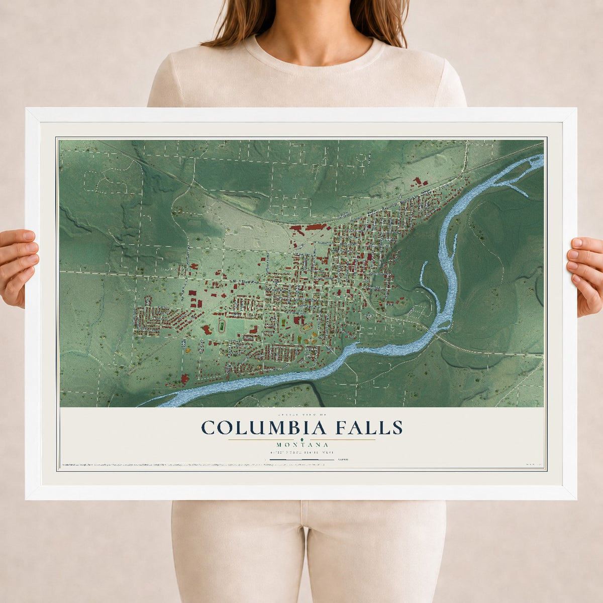 Map of Columbia Falls, Montana, 18 x 24 inch print in a white wood frame
