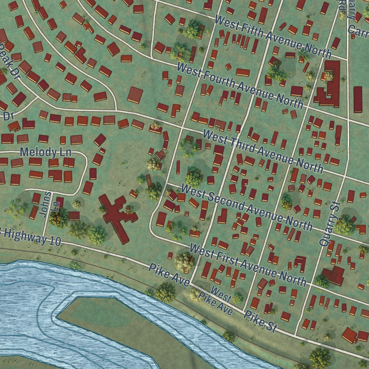 Close-up of the map of Columbus, Montana print showing street and building detail