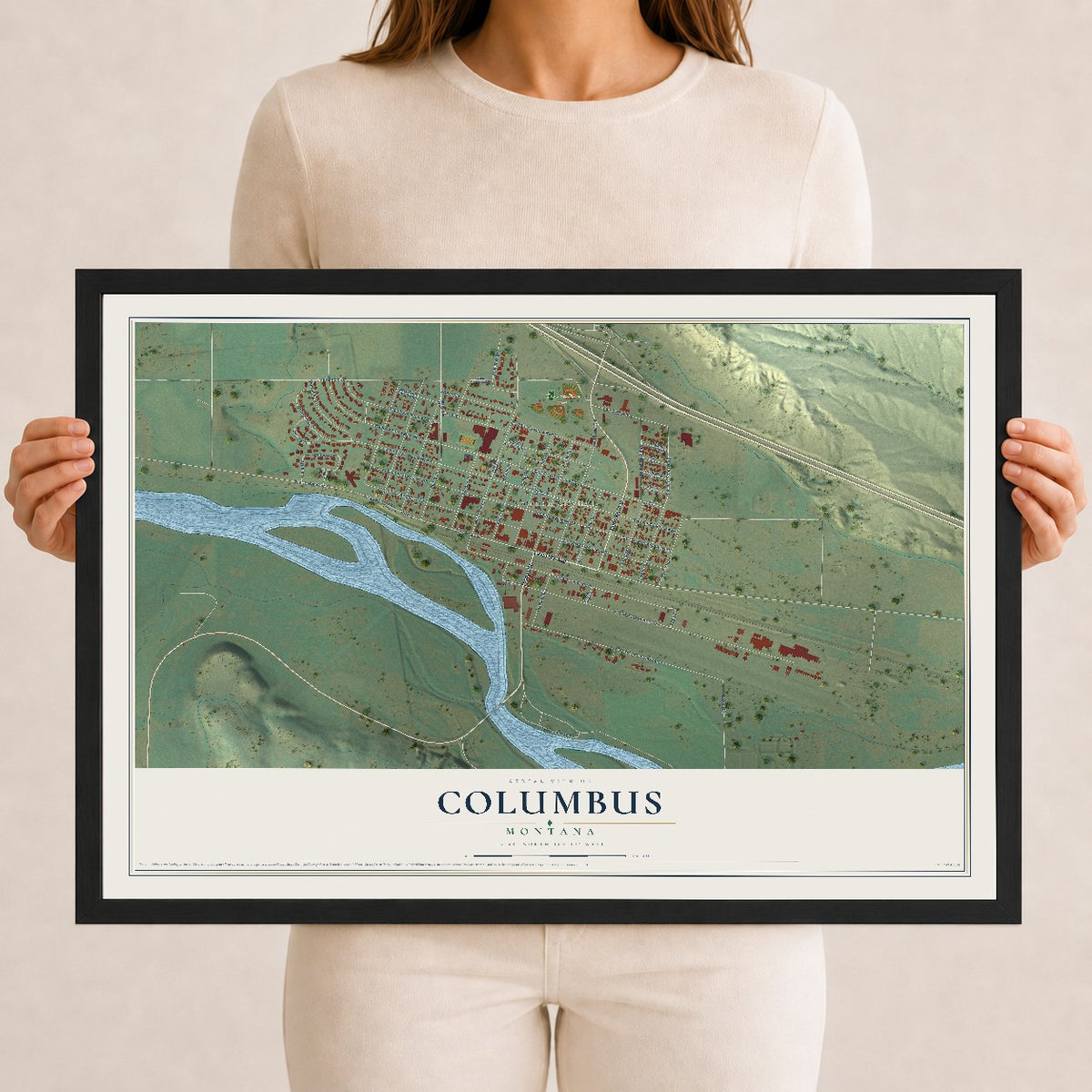 Map of Columbus, Montana, 12 x 18 inch print in a black wood frame