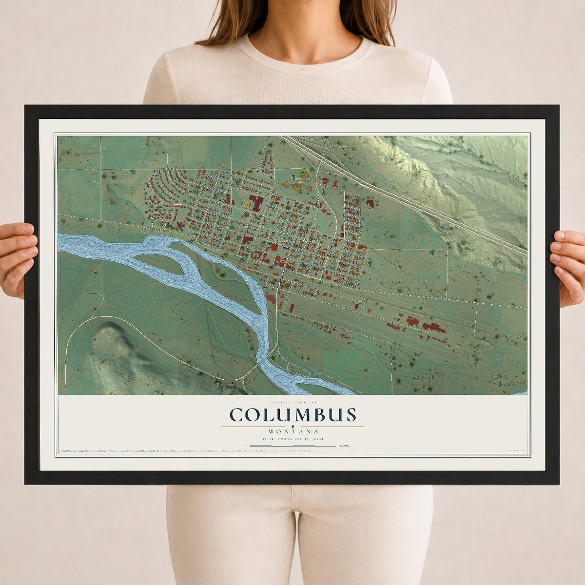 Map of Columbus, Montana, 18 x 24 inch print in a black wood frame