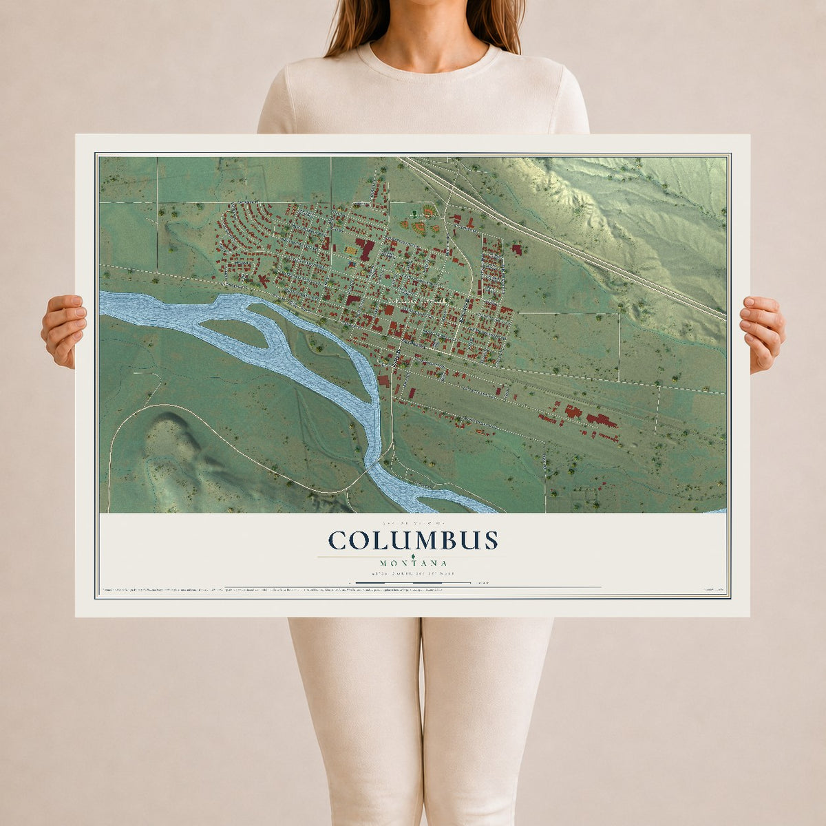 Map of Columbus, Montana, 24 x 36 inch unframed archival matte print