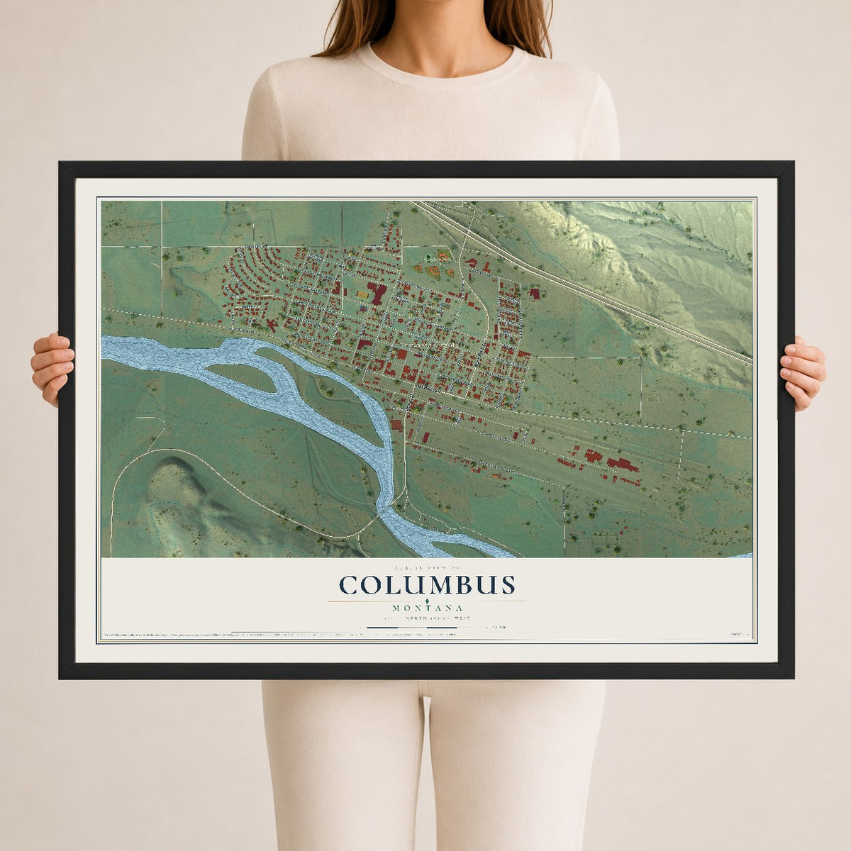 Map of Columbus, Montana, 24 x 36 inch print in a black wood frame