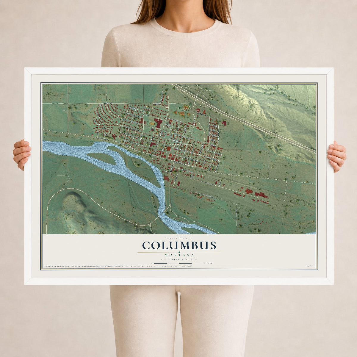 Map of Columbus, Montana, 24 x 36 inch print in a white wood frame