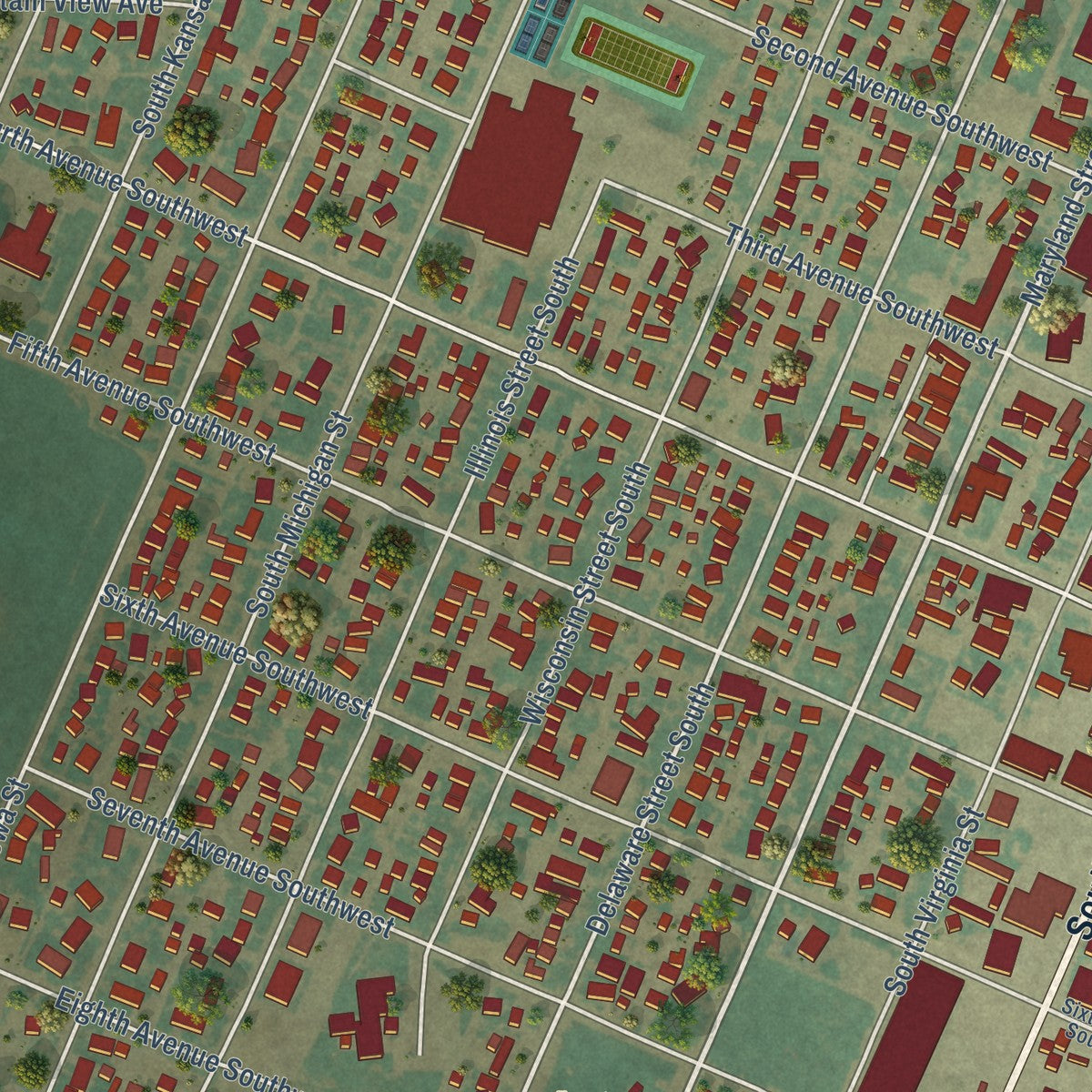 Close-up of the map of Conrad, Montana print showing street and building detail