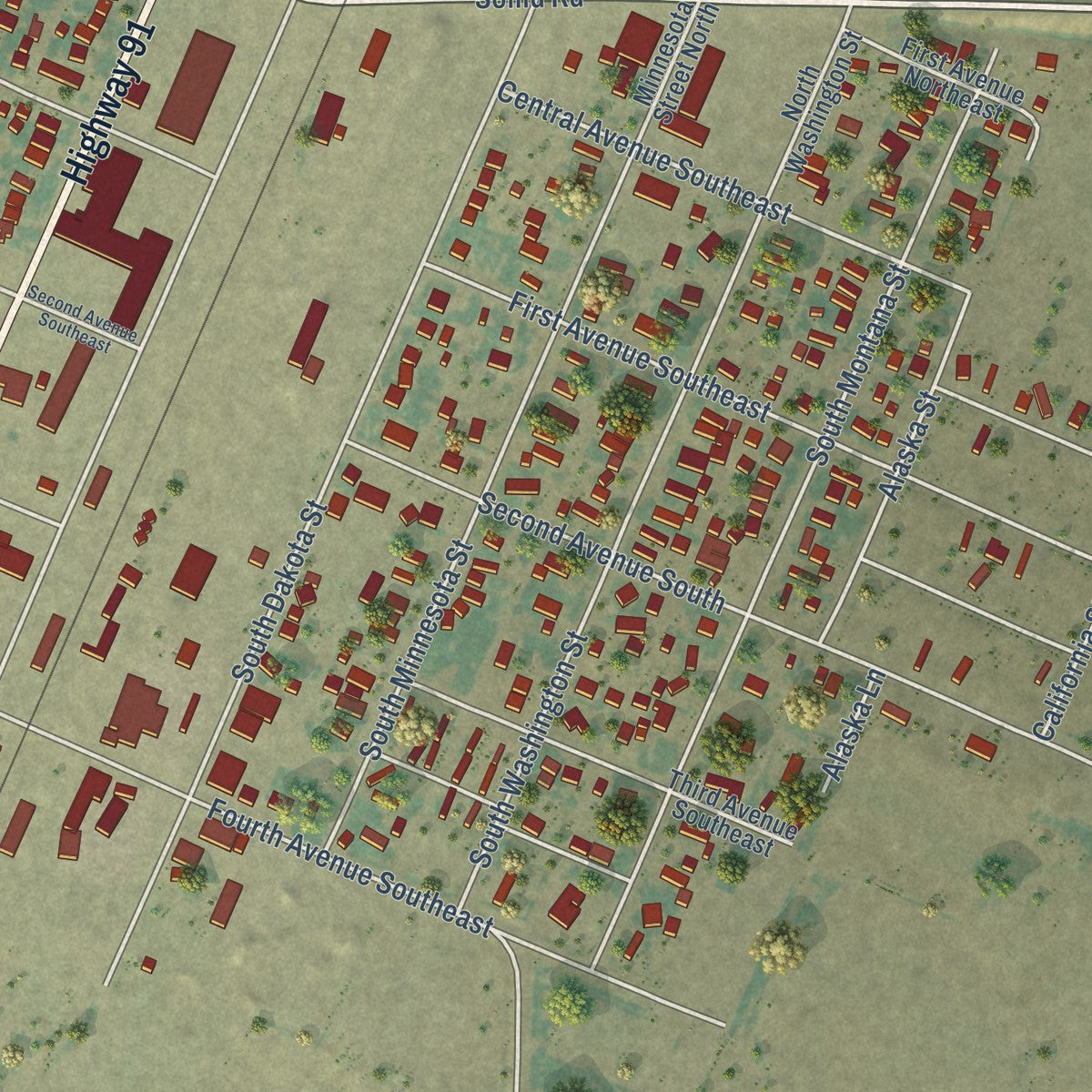 Second close-up of the map of Conrad, Montana print showing more streets and buildings