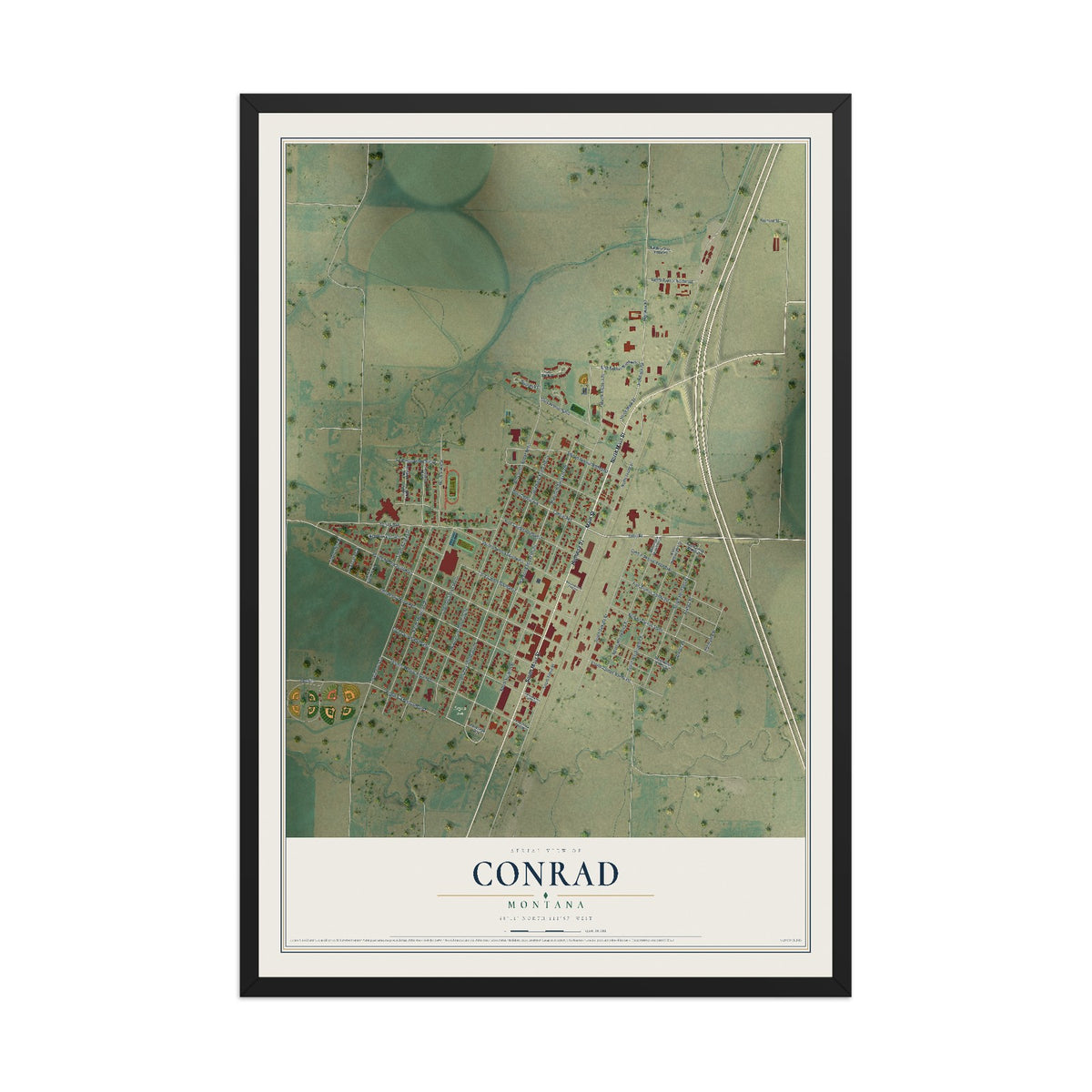 Map of Conrad, Montana, 12 x 18 inch print in a black wood frame