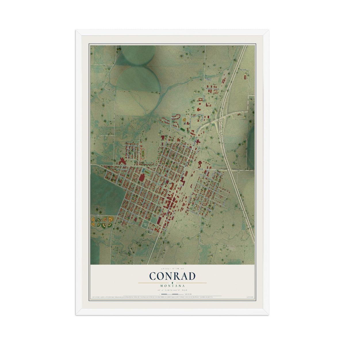 Map of Conrad, Montana, 12 x 18 inch print in a white wood frame