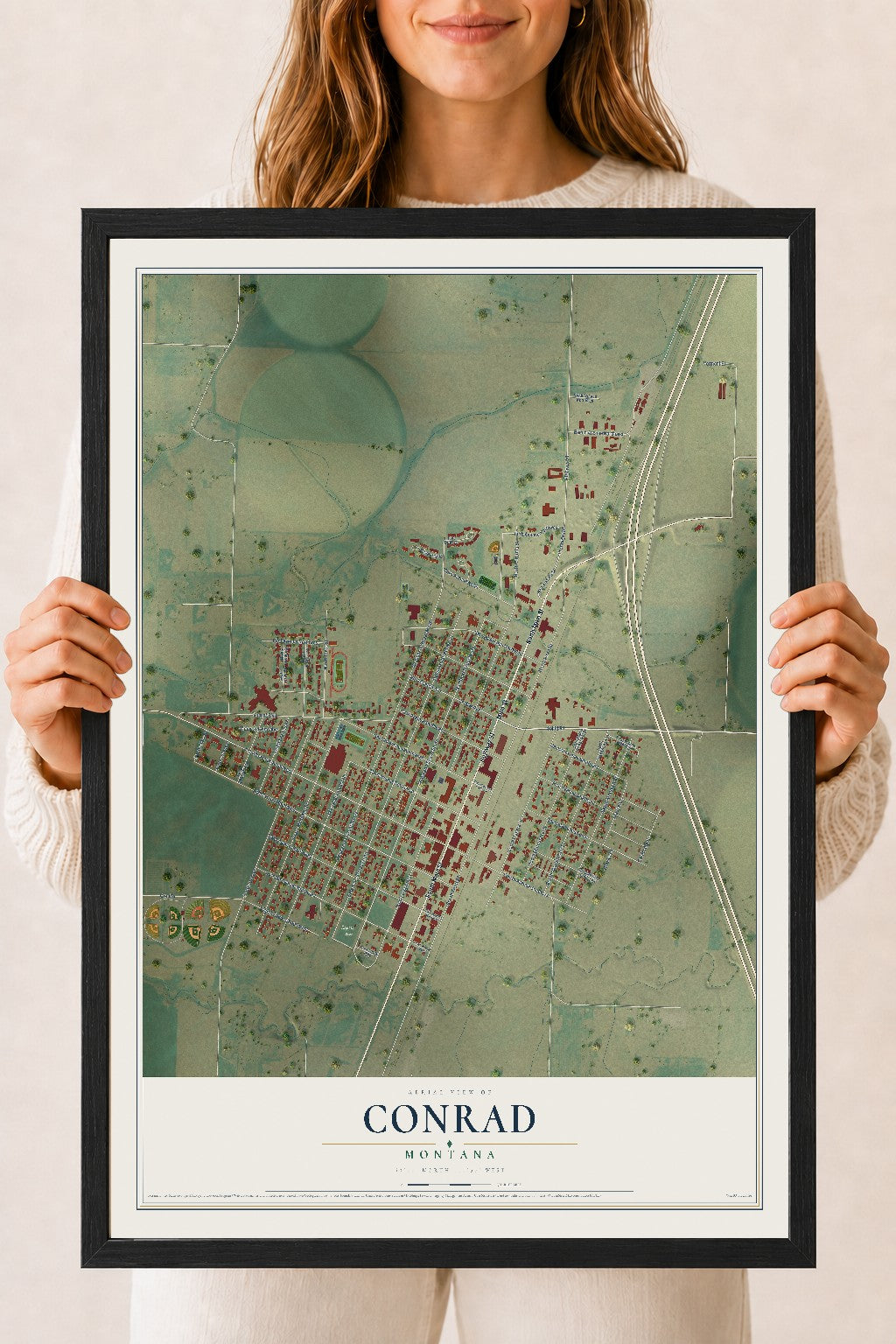 Map of Conrad, Montana, 18 x 24 inch print in a black wood frame