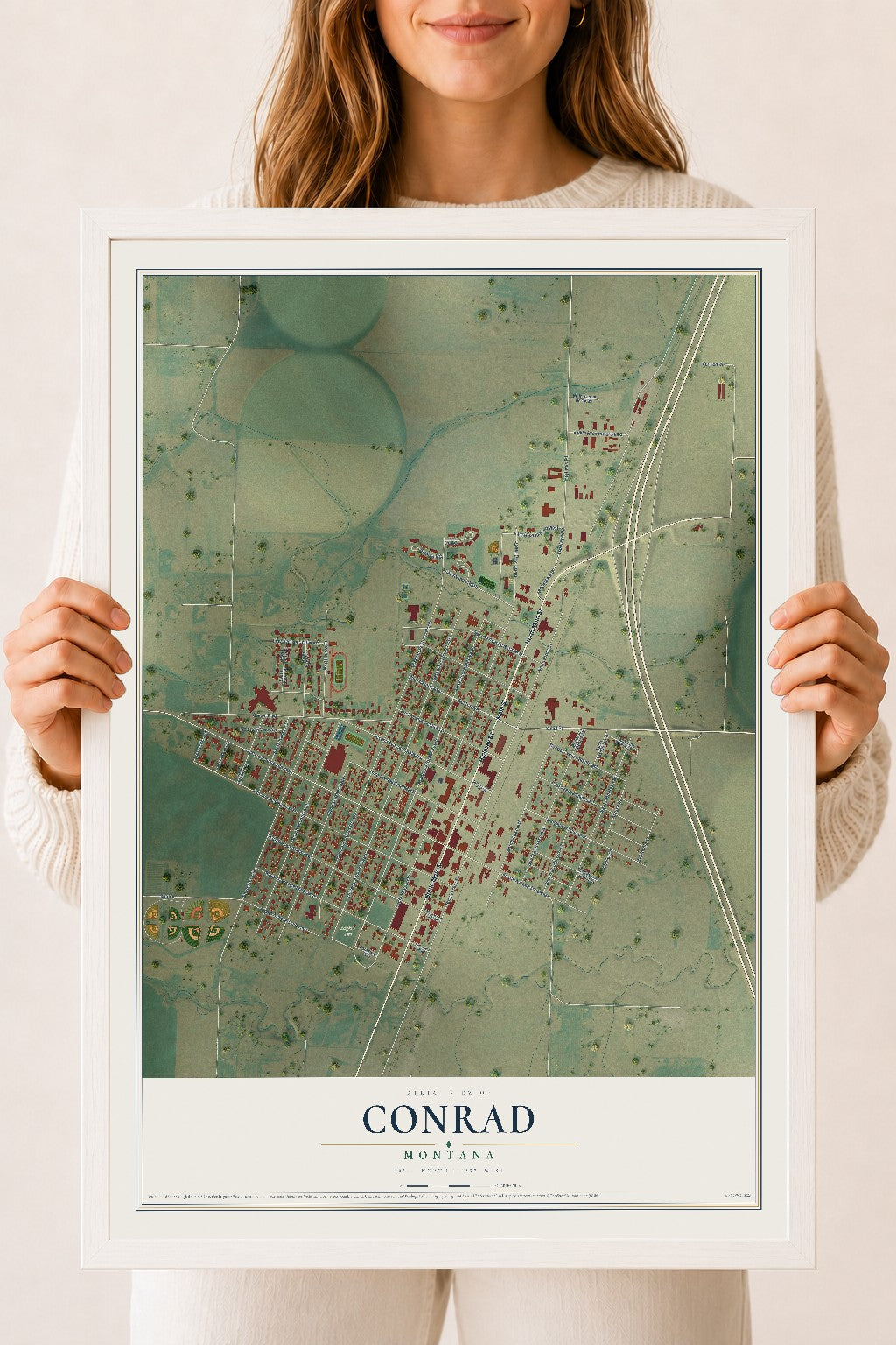 Map of Conrad, Montana, 18 x 24 inch print in a white wood frame
