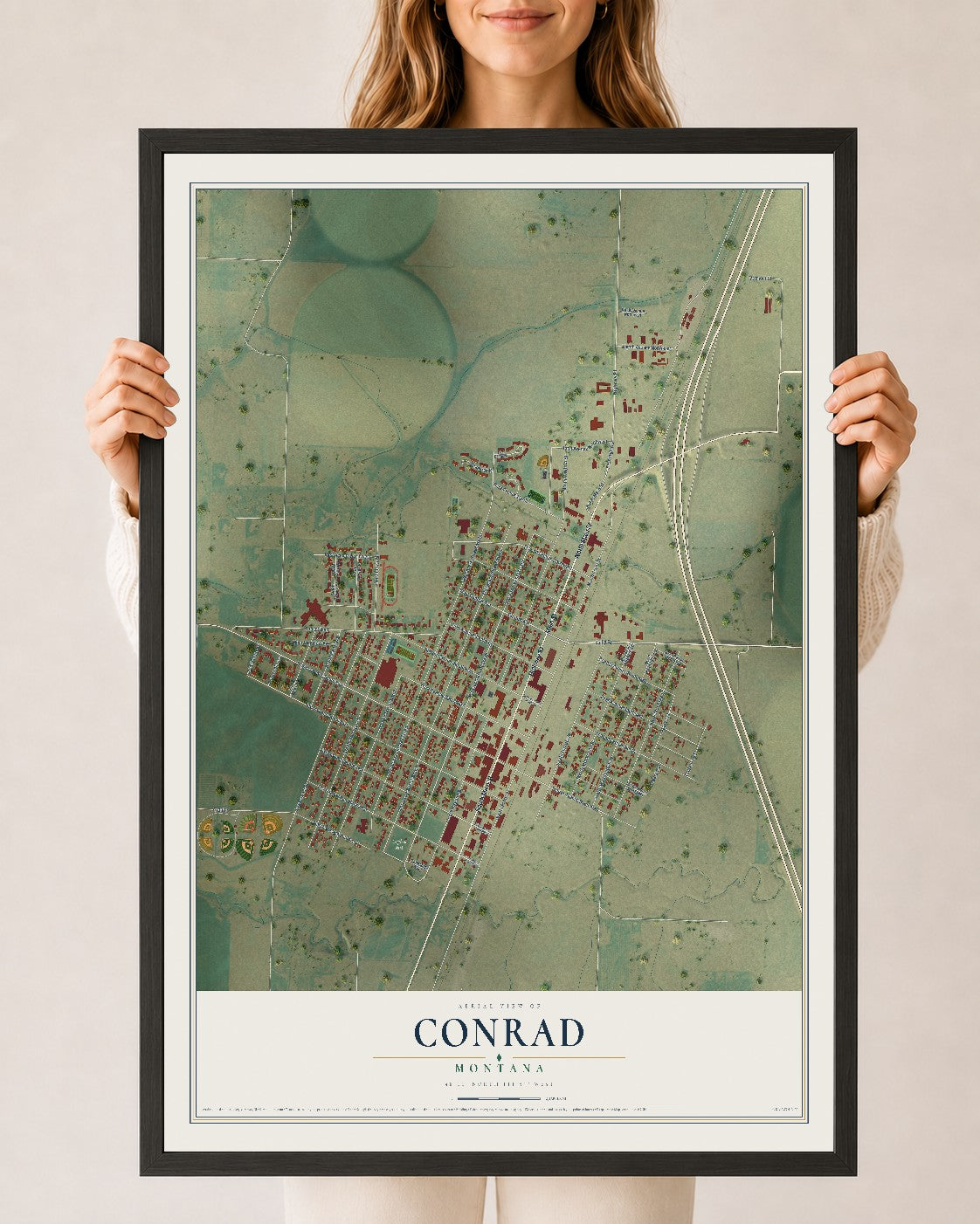 Map of Conrad, Montana, 24 x 36 inch print in a black wood frame