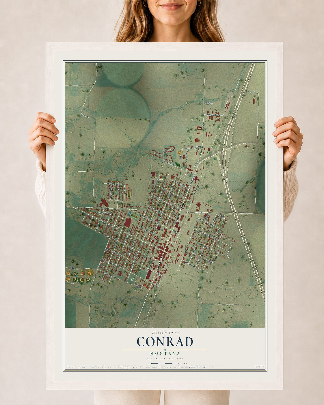 Map of Conrad, Montana, 24 x 36 inch print in a white wood frame