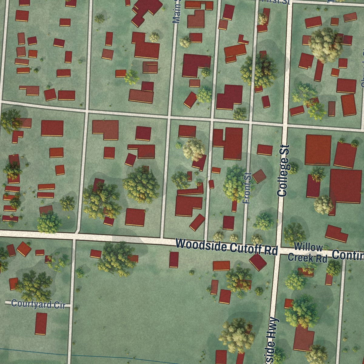 Close-up of the map of Corvallis, Montana print showing street and building detail