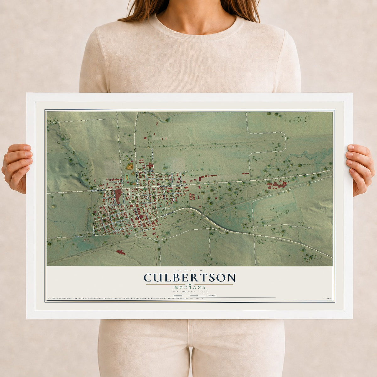 Map of Culbertson, Montana, 12 x 18 inch print in a white wood frame