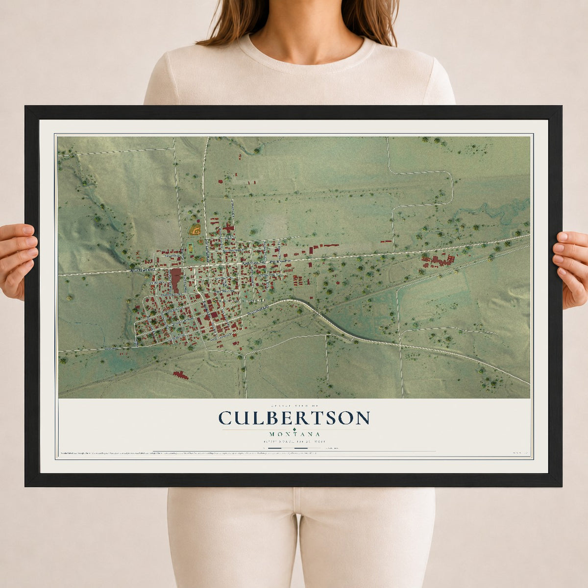 Map of Culbertson, Montana, 18 x 24 inch print in a black wood frame
