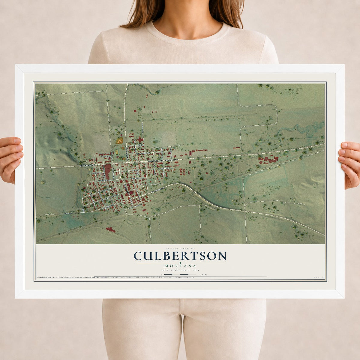 Map of Culbertson, Montana, 18 x 24 inch print in a white wood frame