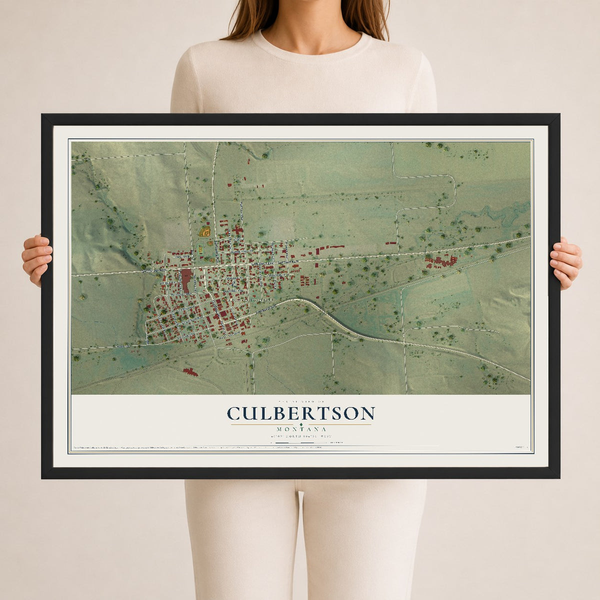 Map of Culbertson, Montana, 24 x 36 inch print in a black wood frame