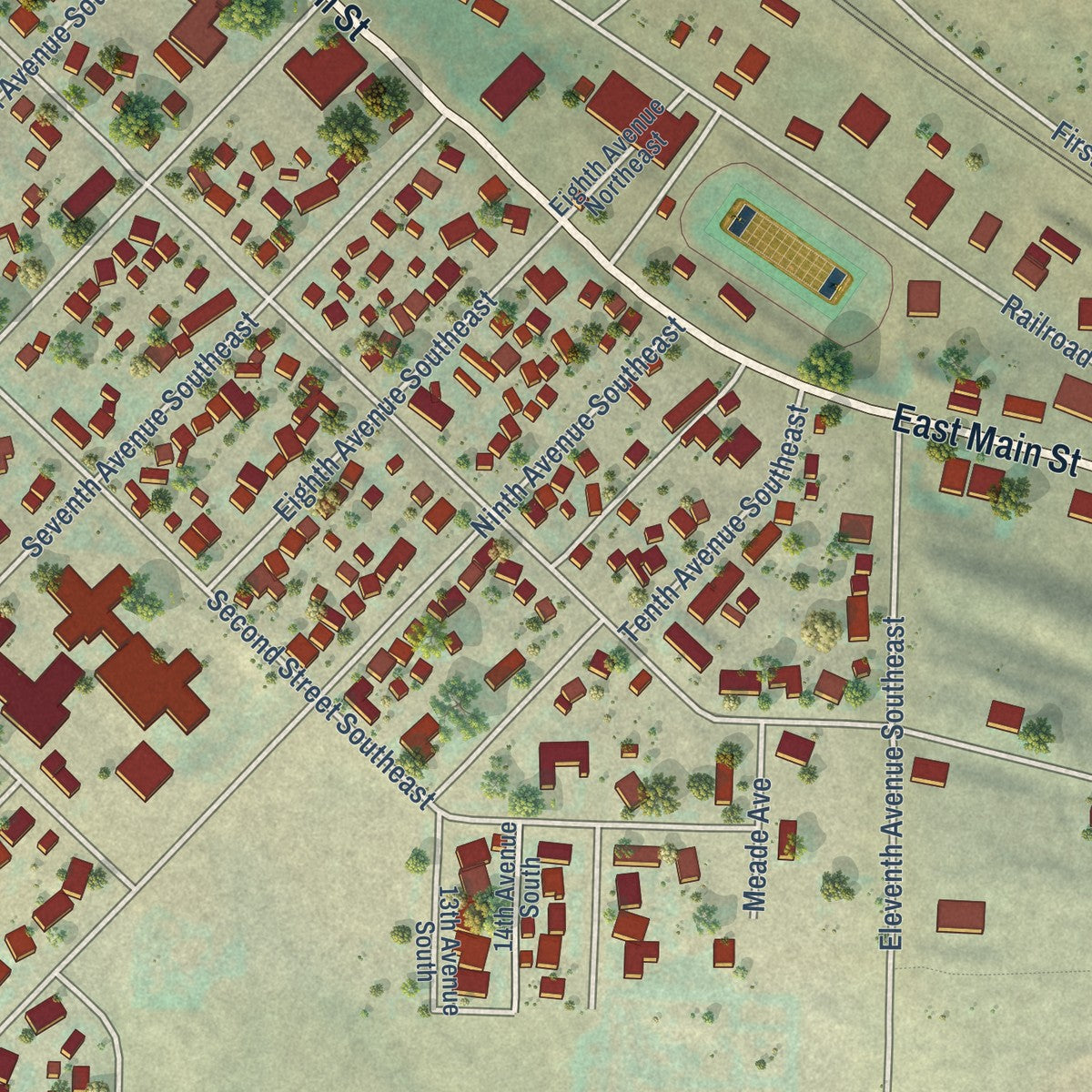 Second close-up of the map of Cut Bank, Montana print showing more streets and buildings