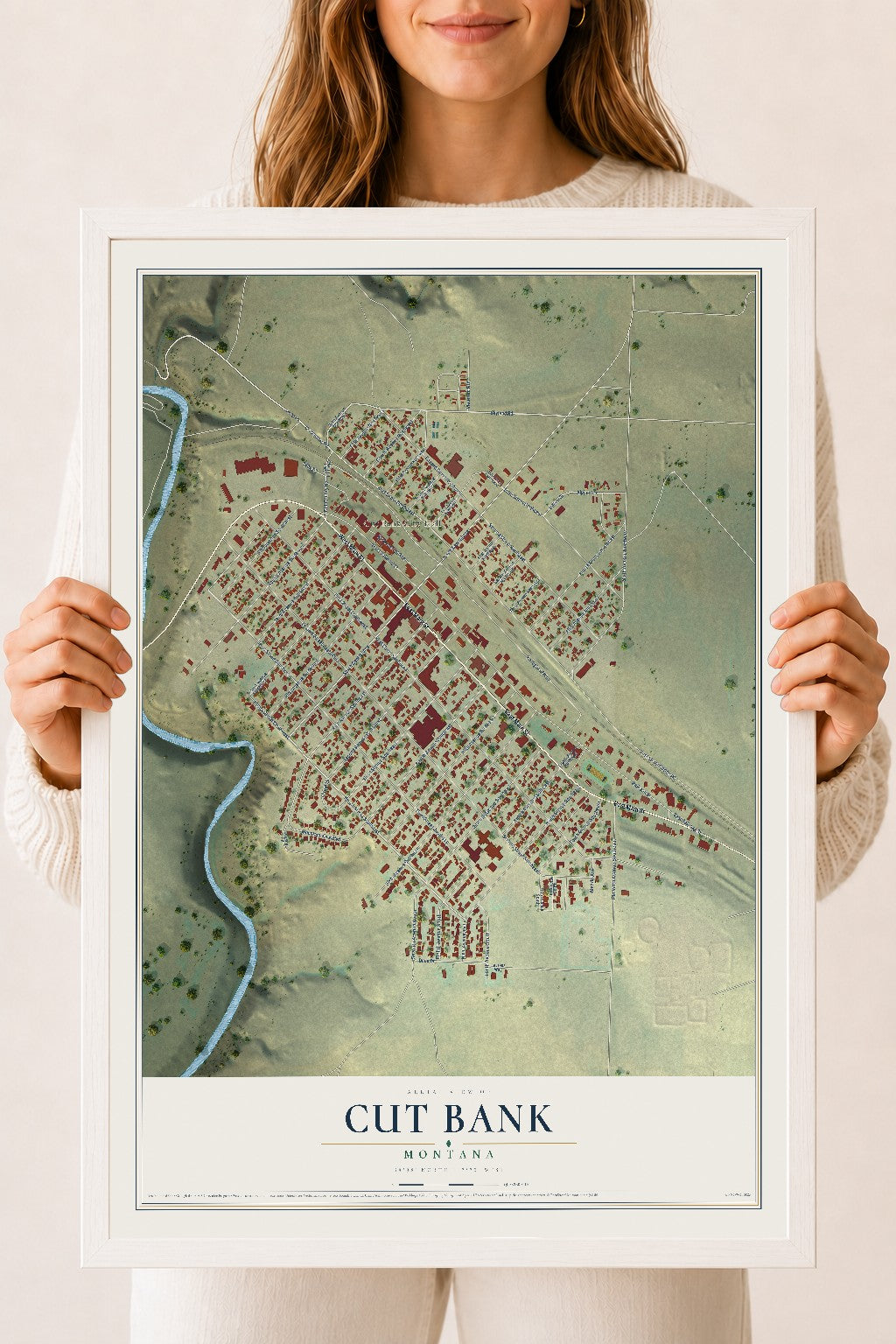 Map of Cut Bank, Montana, 18 x 24 inch print in a white wood frame
