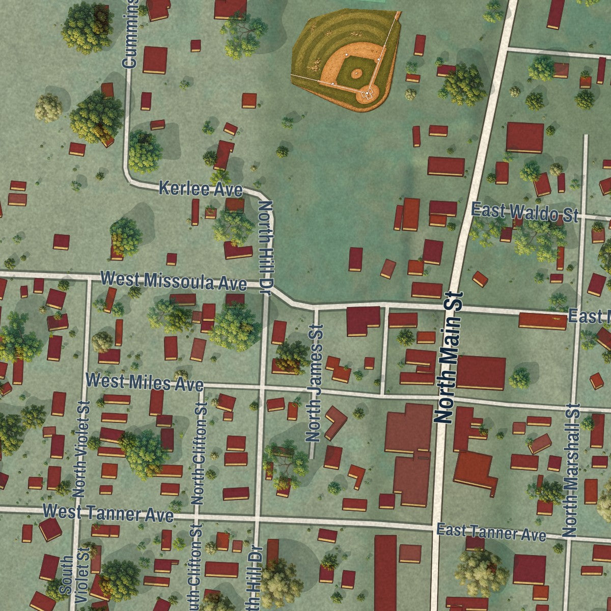 Close-up of the map of Darby, Montana print showing street and building detail