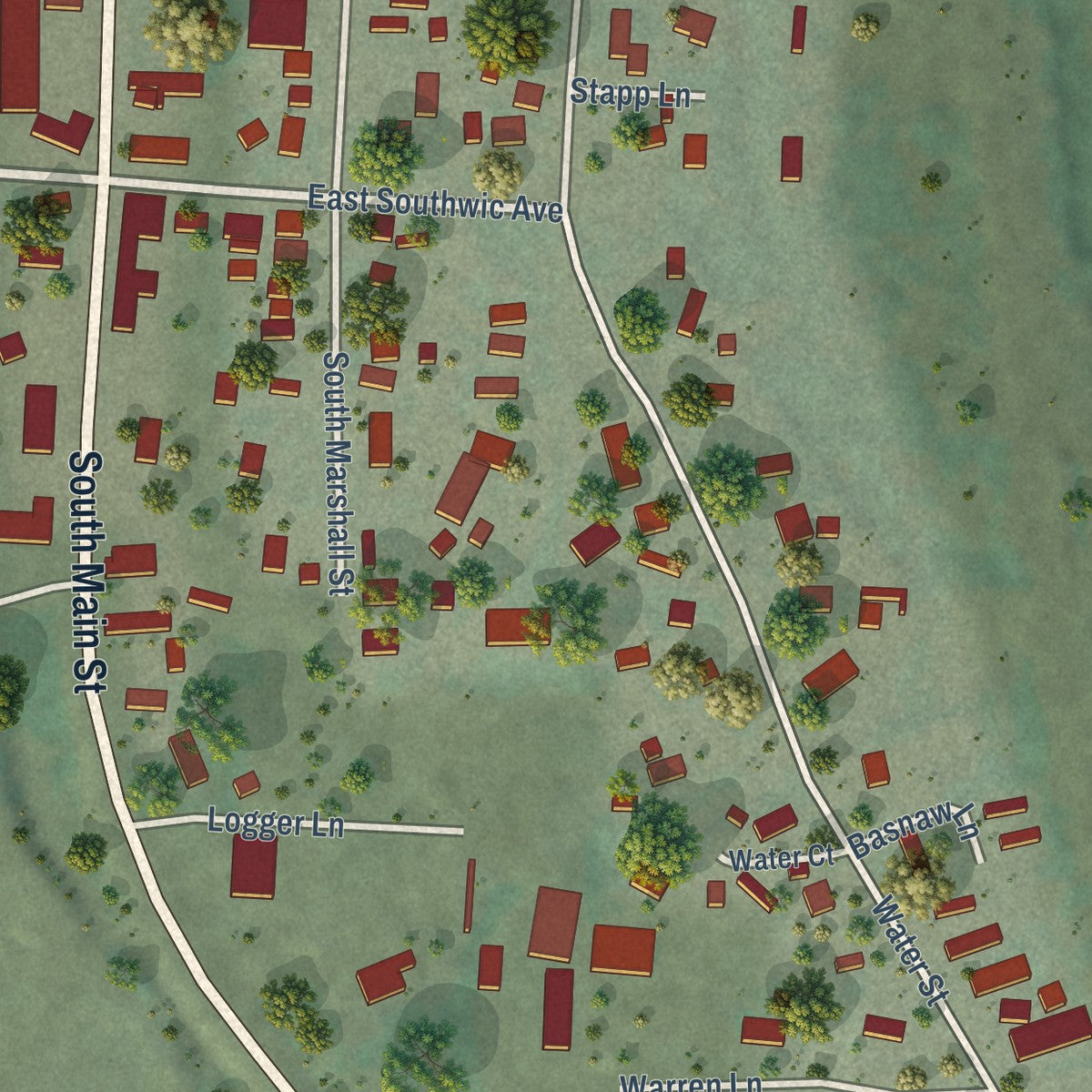 Second close-up of the map of Darby, Montana print showing more streets and buildings