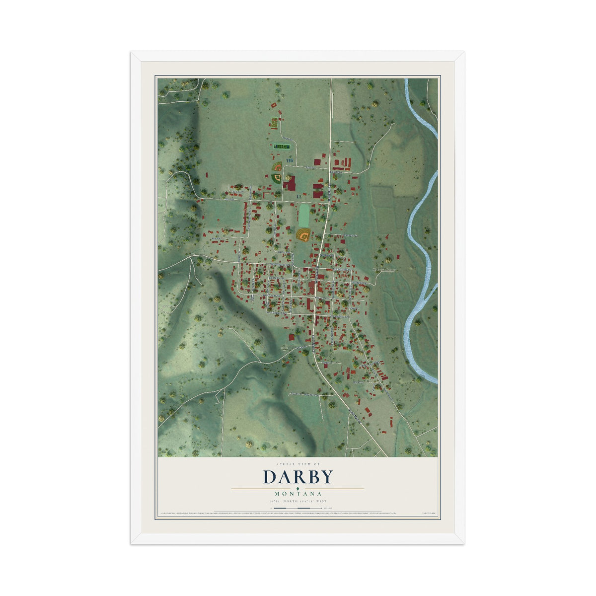 Map of Darby, Montana, 12 x 18 inch print in a white wood frame