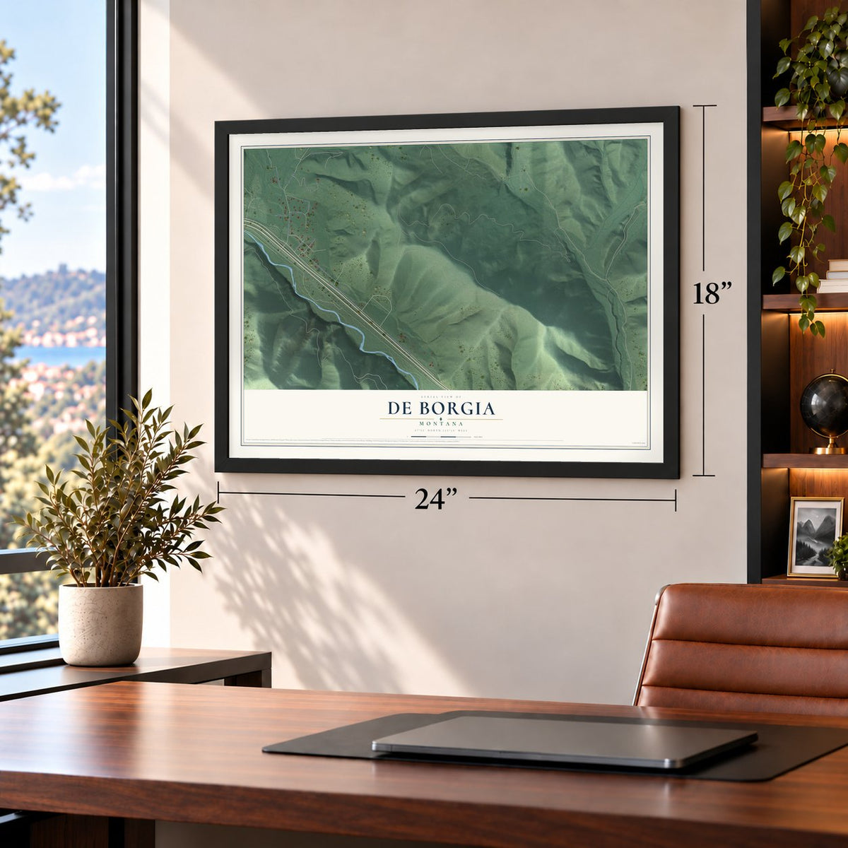 De Borgia, Montana map, 18 x 24 inch print in a black frame in a home office