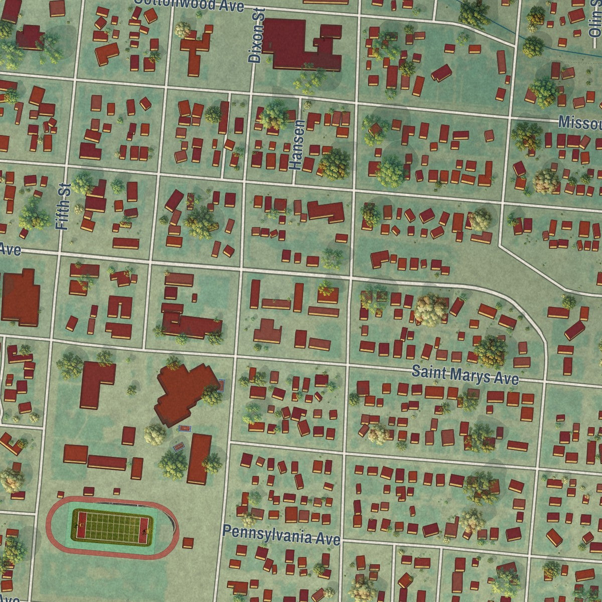 Close-up of the map of Deer Lodge, Montana print showing street and building detail