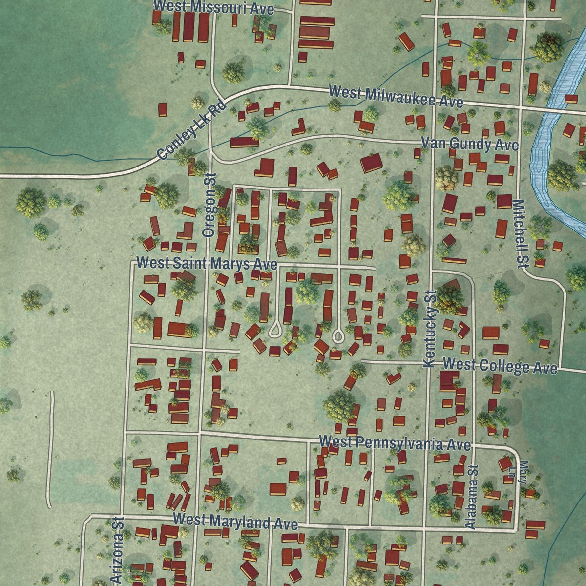 Second close-up of the map of Deer Lodge, Montana print showing more streets and buildings
