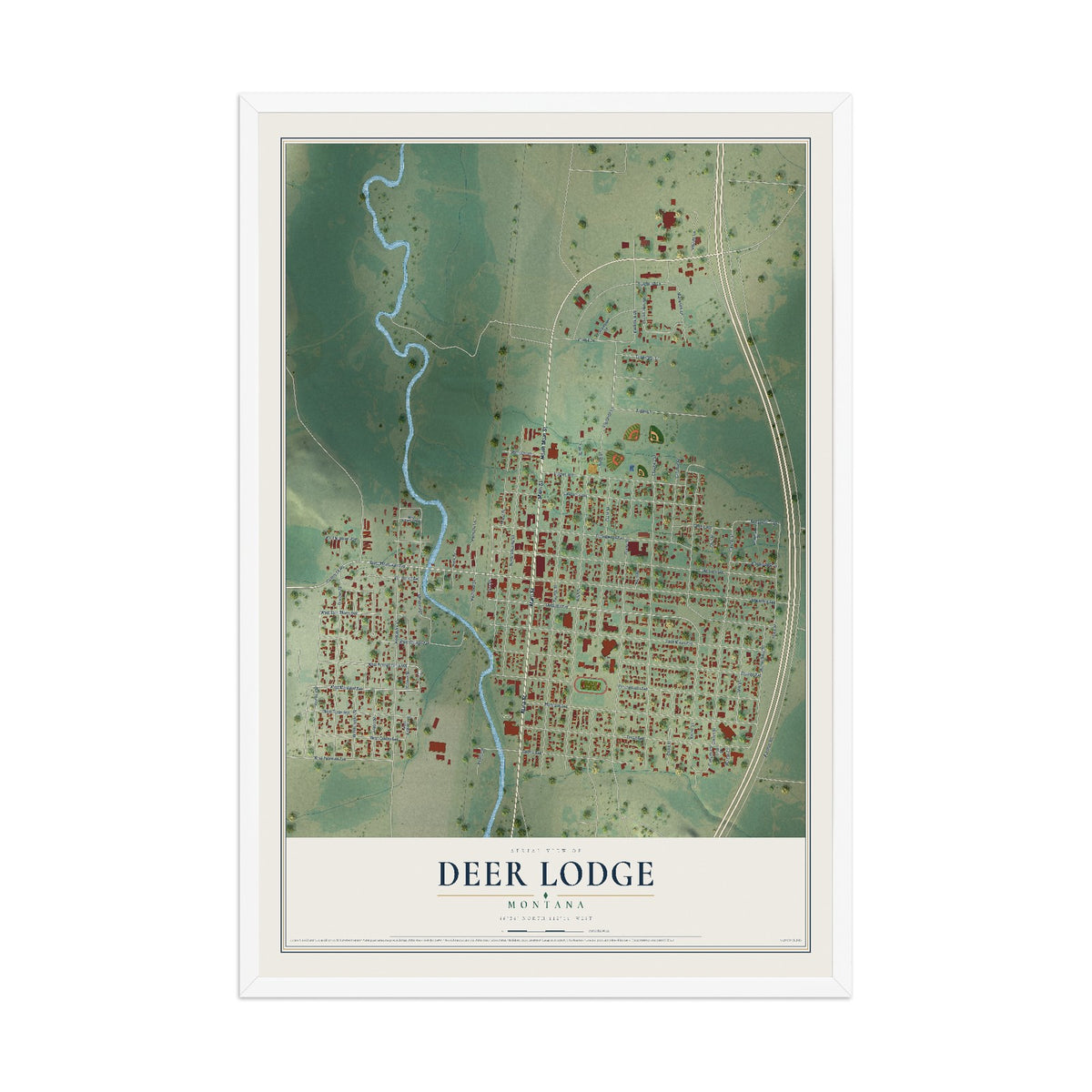 Map of Deer Lodge, Montana, 12 x 18 inch print in a white wood frame