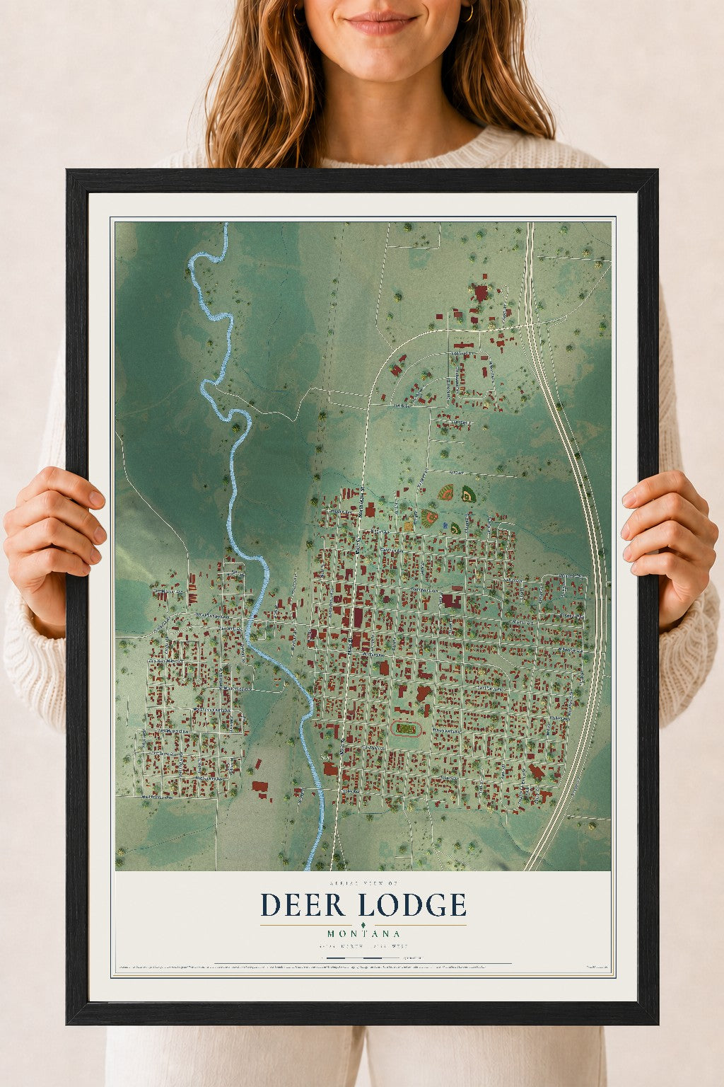 Map of Deer Lodge, Montana, 18 x 24 inch print in a black wood frame