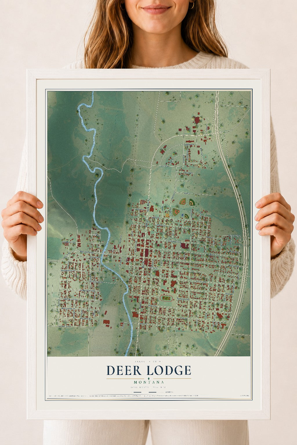 Map of Deer Lodge, Montana, 18 x 24 inch print in a white wood frame