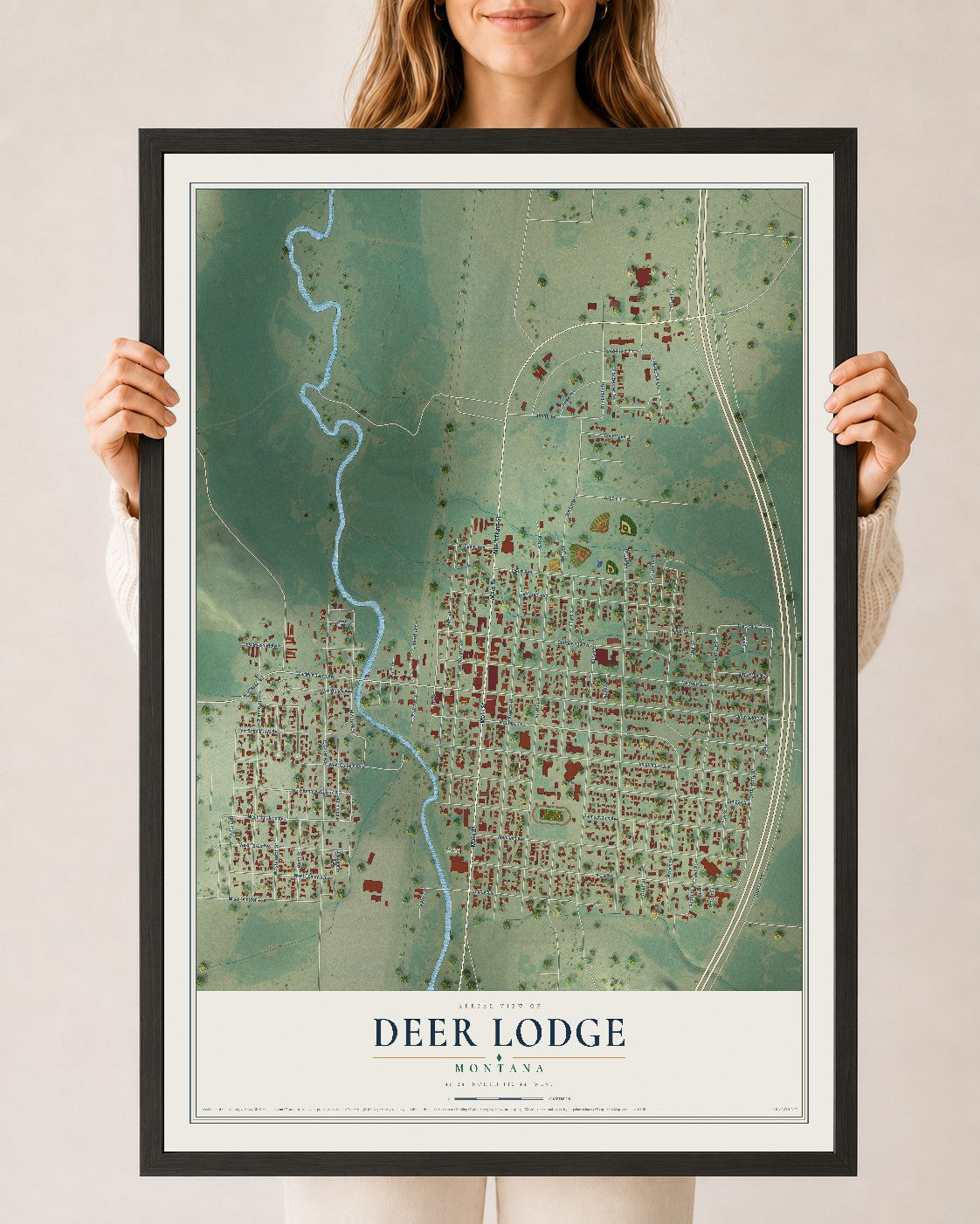 Map of Deer Lodge, Montana, 24 x 36 inch print in a black wood frame