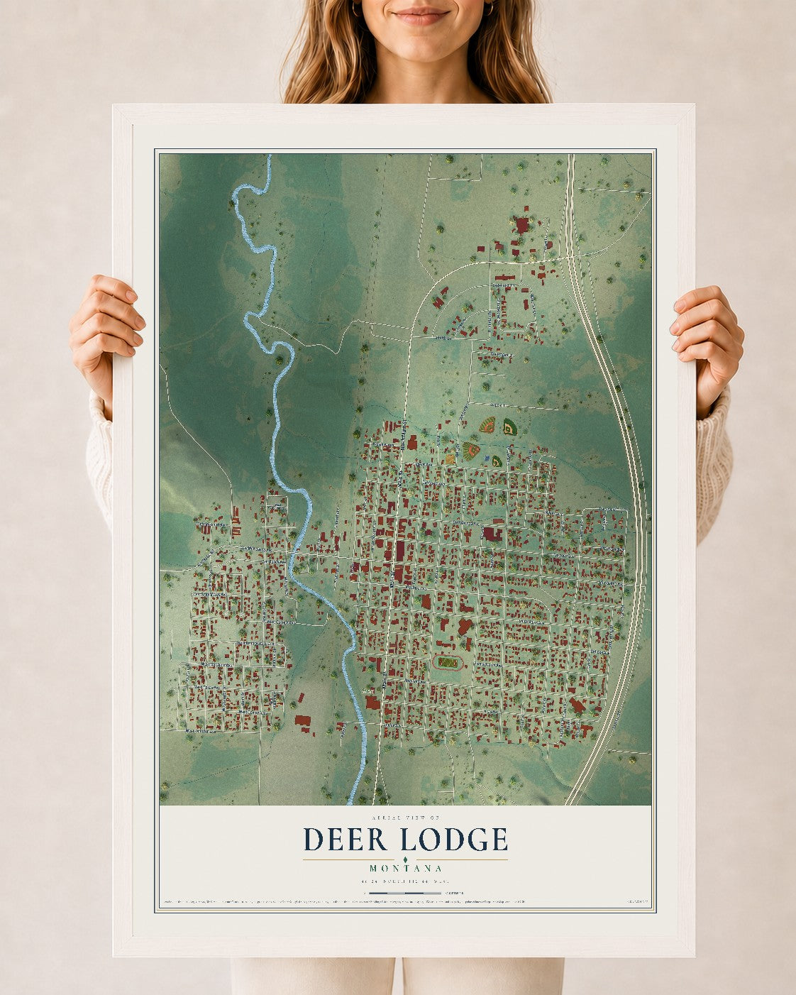Map of Deer Lodge, Montana, 24 x 36 inch print in a white wood frame