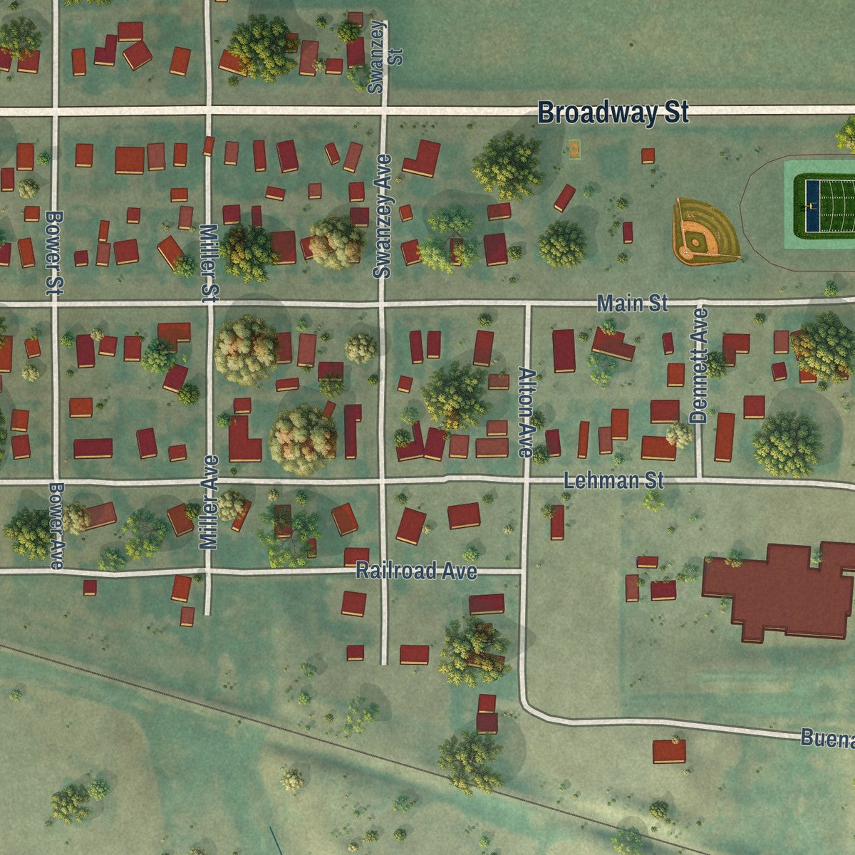 Close-up of the map of Denton, Montana print showing street and building detail