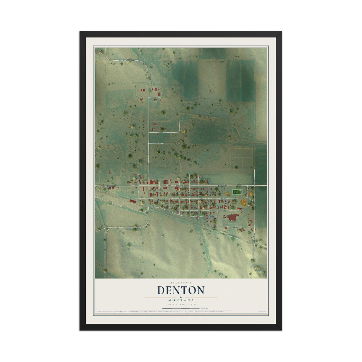 Map of Denton, Montana, 12 x 18 inch print in a black wood frame