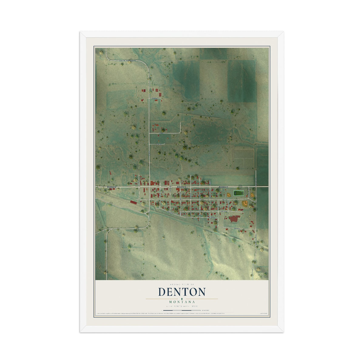 Map of Denton, Montana, 12 x 18 inch print in a white wood frame