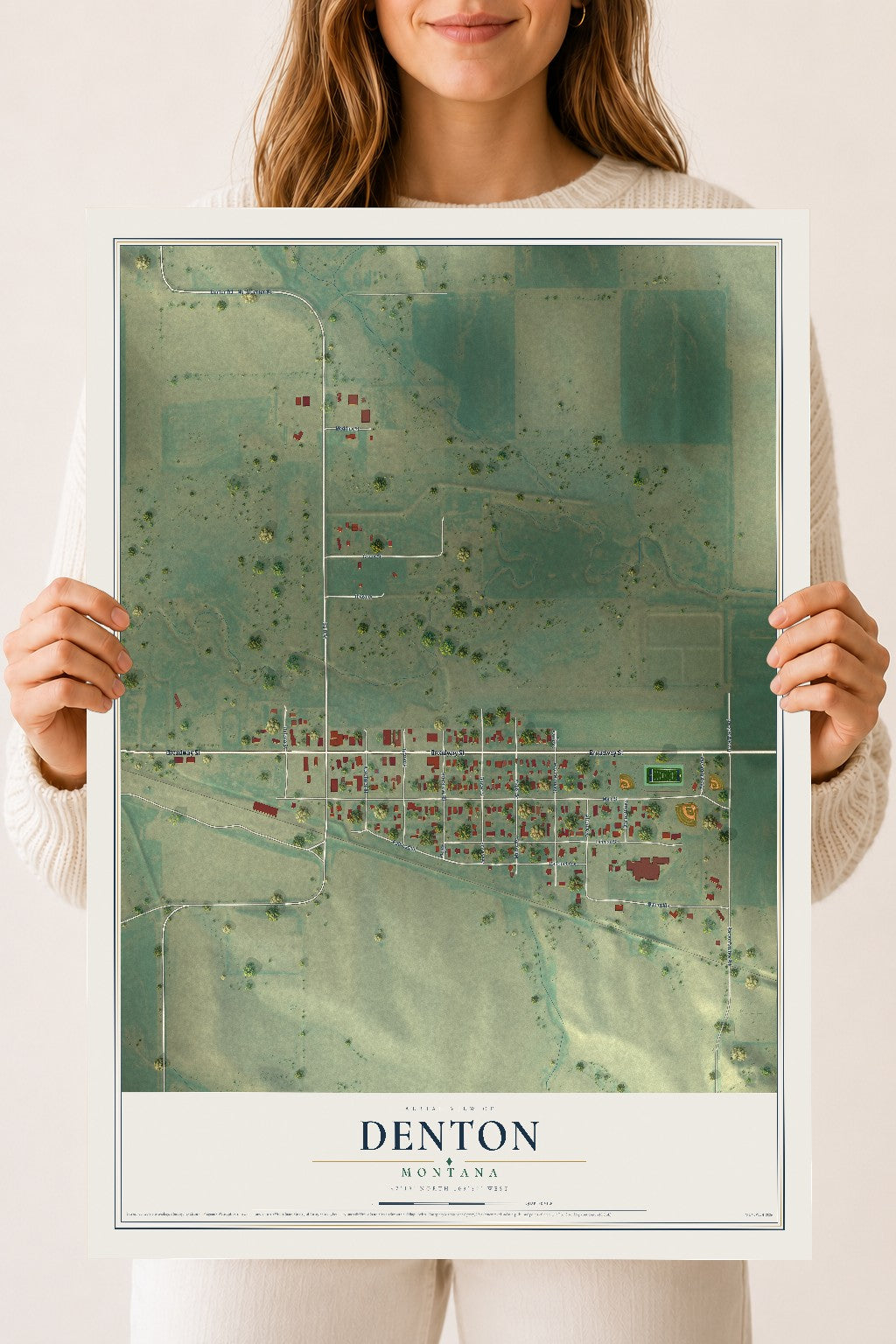 Map of Denton, Montana, 18 x 24 inch unframed archival matte print