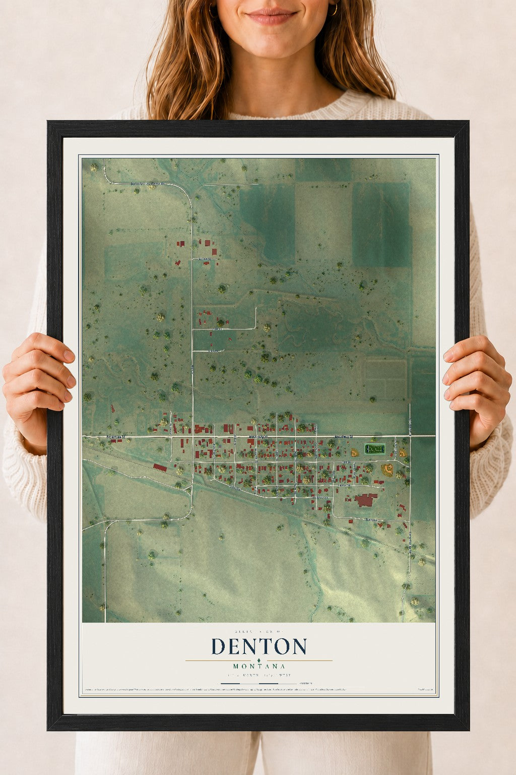 Map of Denton, Montana, 18 x 24 inch print in a black wood frame