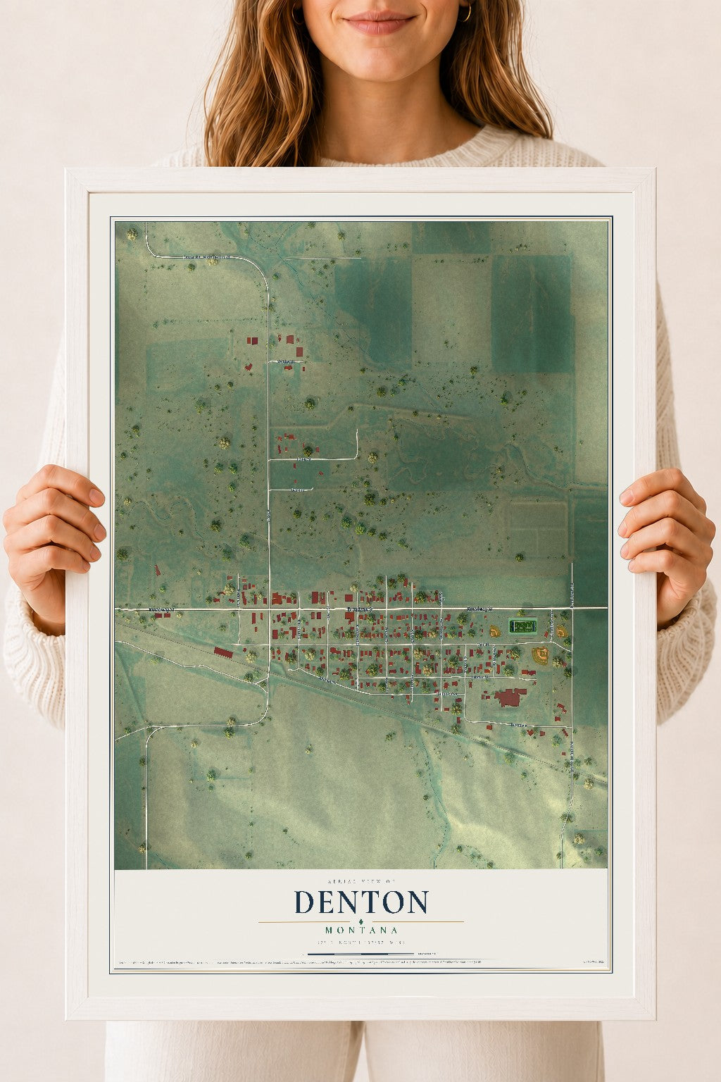 Map of Denton, Montana, 18 x 24 inch print in a white wood frame