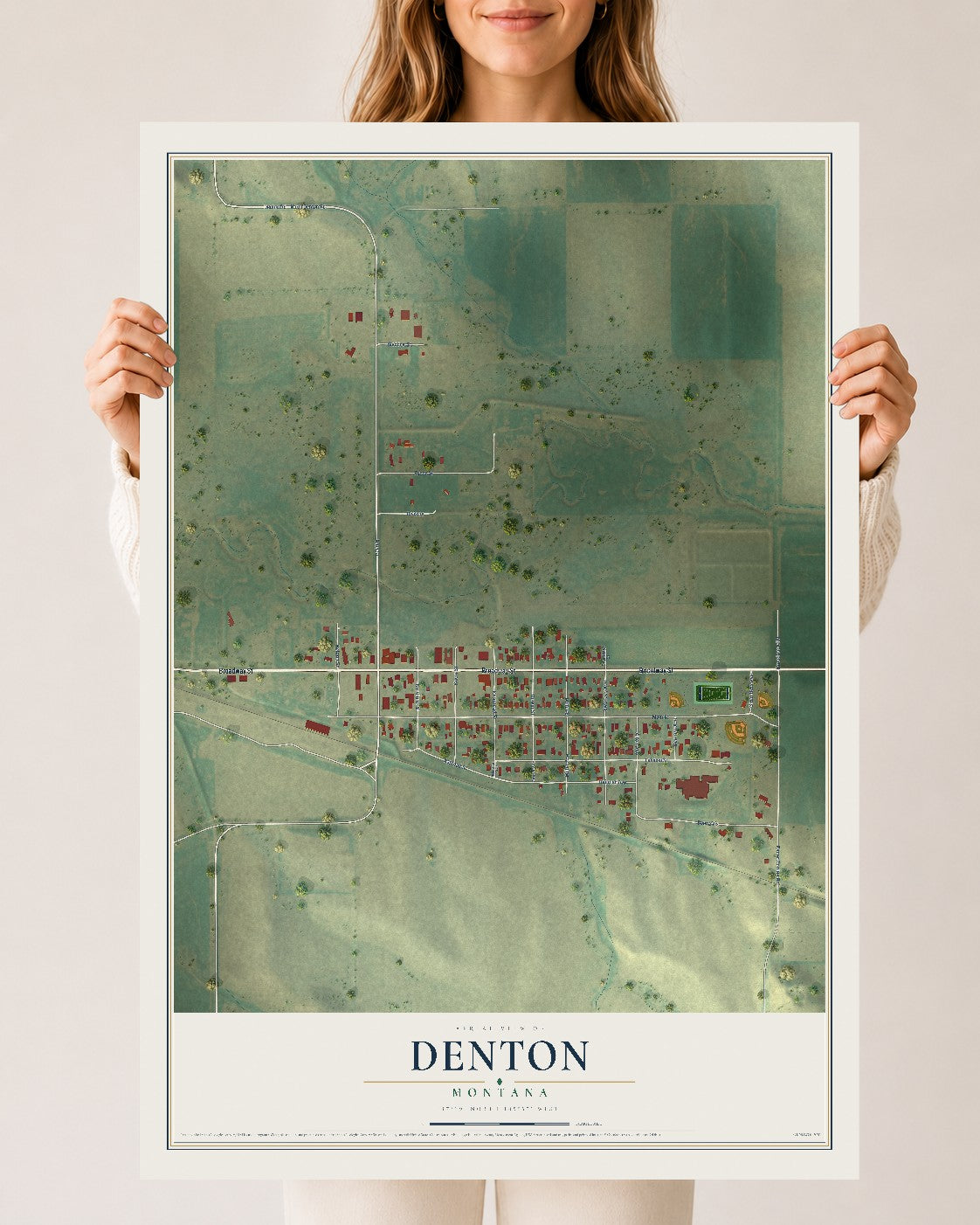 Map of Denton, Montana, 24 x 36 inch unframed archival matte print
