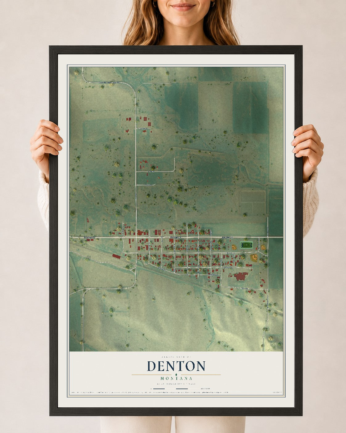 Map of Denton, Montana, 24 x 36 inch print in a black wood frame