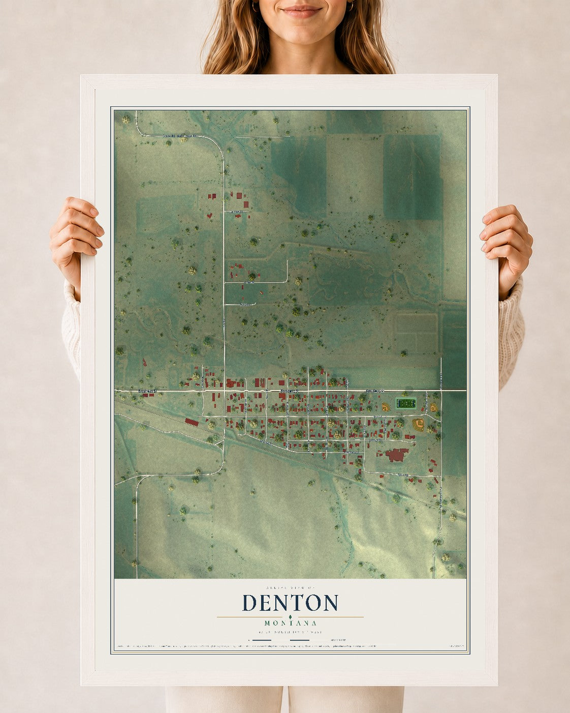 Map of Denton, Montana, 24 x 36 inch print in a white wood frame