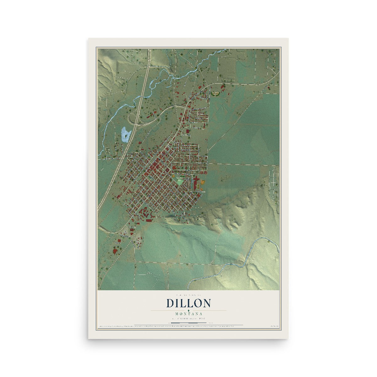 Map of Dillon, Montana, 12 x 18 inch unframed archival matte print