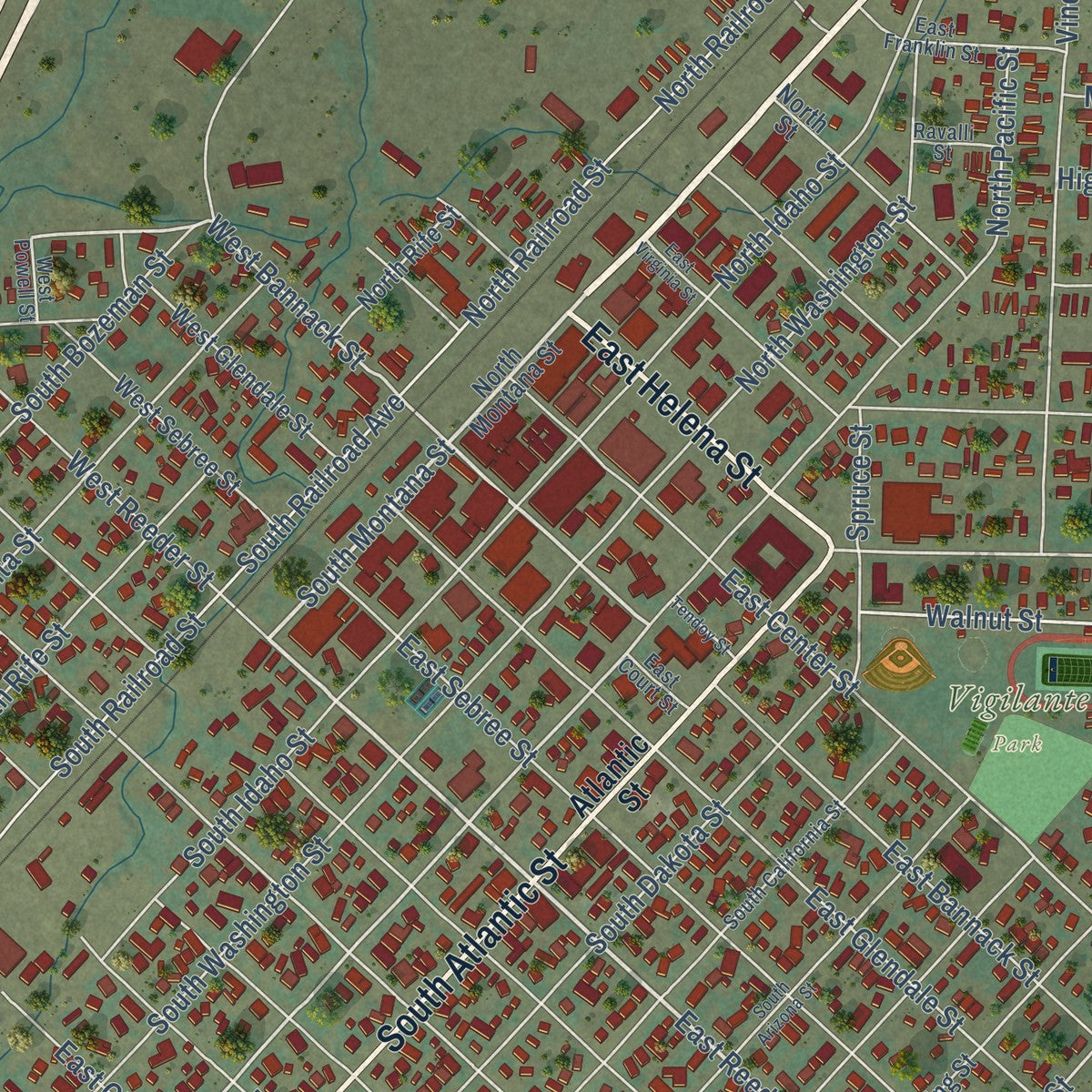 Close-up of the map of Dillon, Montana print showing street and building detail
